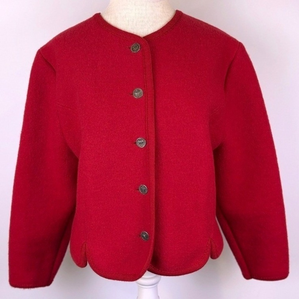 Vintage Edinburgh Red Boiled Wool Jacket M/L* Austria Scalloped Coin Button